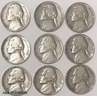 Jefferson Nickels 1938-1959 avec dates et bon état 9 par lot sac à main