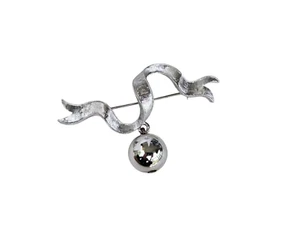 Vintage Monet Satin Brosche silberfarben Band mit baumelnder Kugel - Bild 1 von 6