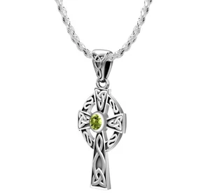 925 Sterling Silver 23mm Celtic Cross Necklace Peridot August Birthstone 18"-24" - Picture 1 of 13