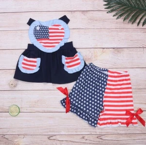 NEW Boutique 4th of July Heart Pocket Tunic & Ruffle Shorts Girls Outfit Set - Picture 1 of 10