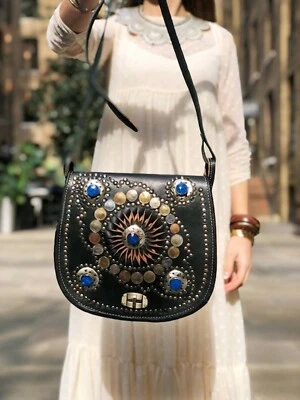 Bohemian STUDDED LEATHER BAG Hippie Purse Boho Vintage Gypsy Coin Ethnic tribal - Image 1 of 4
