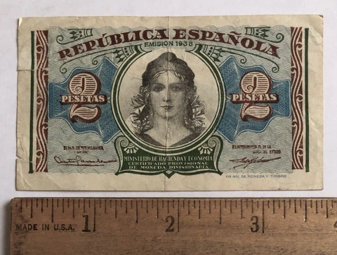 1938 Spain 2 Pesetas Banknote Cover