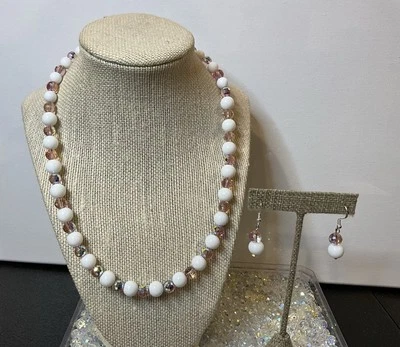 Collar de cuentas de cristal aurora boreal rosa piedra blanca hecha a mano y pendientes 925 B Foto 1 de 4