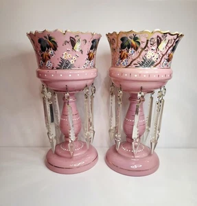 Pair of Victorian Bohemian Cased Glass 12.4" Pink Handpainted Mantle Lusters - Picture 1 of 17
