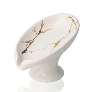 Ceramic Self Draining Soap Dish for Bar, Small Leaf Shaped Soap Dish, White M... - Picture 1 of 7
