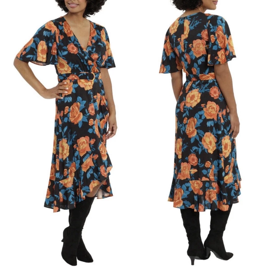 VESTIDO LONDON TIMES preto floral Damona com cinto envoltório falso babado midi 18  - Imagem 1 de 4