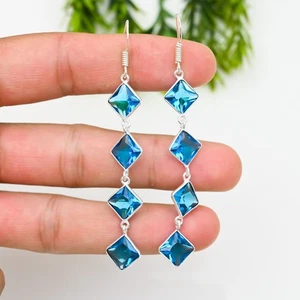 Blue Topaz Gemstone 925 Sterling Silver Handmade Jewelry Earring Gift For Her - Picture 1 of 5