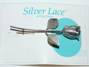 VINTAGE SILVER LACE STERLING SILVER PETAL ROSE PIN , BROOCH - Picture 1 of 3
