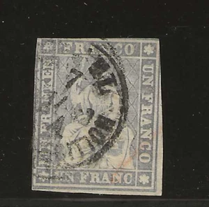 Switzerland Scott #31 used 1fr lavender Helvetia w/yellow thread 1855 lt. cancel - Picture 1 of 2
