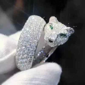 3Ct Round Cut Real Moissanite Leopard Head Engagement Ring 14K White Gold Plated - Picture 1 of 6