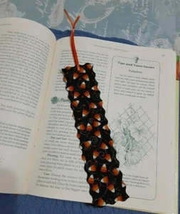 Bookmark HALLOWEEN Fabric or Cloth Bookmark Candy Corn Glittery Swirls Handmade - Picture 1 of 3