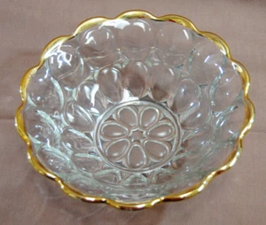 Jeannette Depression Glass Bowl Clear Thumbprint Pilgrim Gold Trim Vintage T2230 - Picture 1 of 11