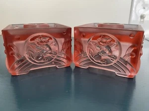 Vtg Imperial Glass Cathay Frosted Pink Pillar Candlestick Holder Set of 2 Dragon - Picture 1 of 10