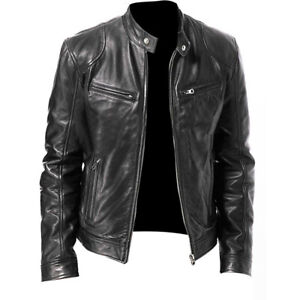 Plus Size Men's Leather Biker Jacket Motorcycle Zip Up Coats Collared Outerwear*