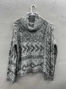 Lucky Brand Womens Sweater Size Medium Turtleneck Fringe Green White Pullover - Picture 1 of 12