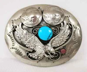 Vintage Navajo Eagle Buffalo 5 Cents Silver Plate Turquoise & Coral Belt Buckle - Picture 1 of 13