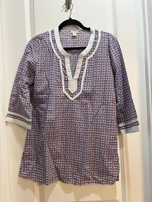 Blusa túnica feminina J.Crew pequena azul vermelha estampada popeline algodão manga 3/4 - Imagem 1 de 4