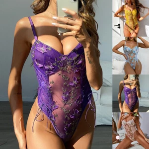 Women Lingerie Bodysuit Sheer Lace One Piece Mesh Teddy Top Sexy Nightwear - Picture 1 of 30