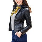 Women Faux Leather Jacket Detachable Hat Zipper Warm Fleece Lined Hooded Coat