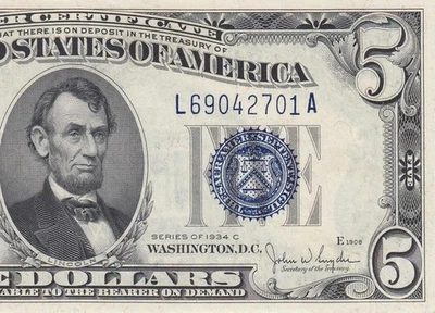 1934-C UNITED STATES $5 **SILVER CERTIFICATE** "L" (( GEM UNC )) - Image 1 of 4