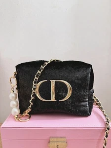 Dior Beaute Black Velvet Travel Pouch Cosmetic Bag Beauty Bag W/ Chain - Picture 1 of 5