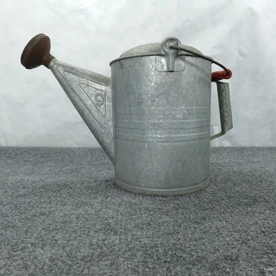 Vintage Galvanized Metal Watering Can 9 Liter Rustic Garden Red Wood Handle - Image 1 of 4