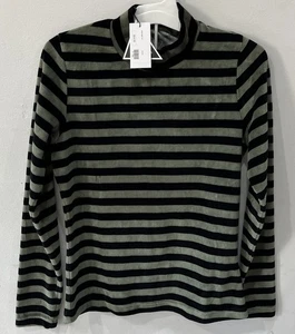 NWT Women’s 24/7 Velour Black Dark Olive Stripe LS Pullover Shirt Mockneck - Picture 1 of 7