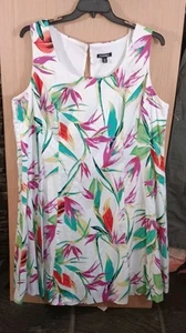 Roz & Ali Sz 22 Dressbarn White Pink Green Floral Flare Summer Dress Sleeveless  - Picture 1 of 10