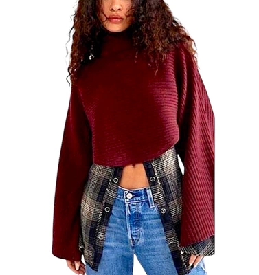 Suéter Pullover Acanalado FREE PEOPLE Billie Talla L Cuello Simulado Vino Púrpura Foto 1 de 4