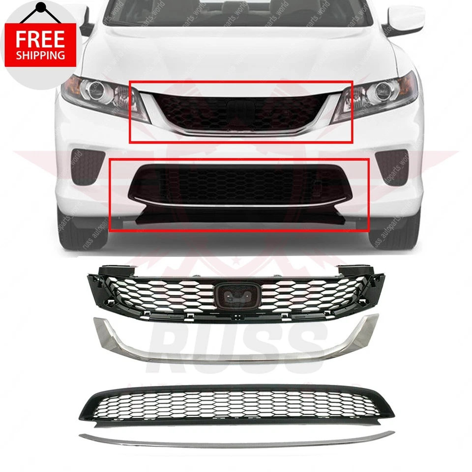 New Front Bumper Upper Lower Grille & Chrome Molding Fits 2013-2015 Honda Accord Foto 1 de 4