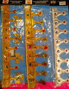 King & Queen Gold Glitter Jeweled Crowns + Bonus Silver(ADULT)Crown Costume Gear - Picture 1 of 7
