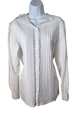 Vtg JCP HUNT CLUB White Cotton Linen Dressy Holiday Pintuck Lace White Blouse 12 - Image 1 of 4