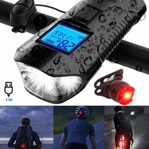 LED Cycle Headlight Bicycle USB Front Light with Bike Speedometer Odometer Horn - Picture 1 of 12