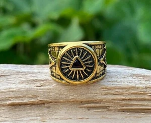 Illuminati Masonic Pyramid Gold Red Crystal Rhinestone Steel Alloy Rings - Picture 1 of 4