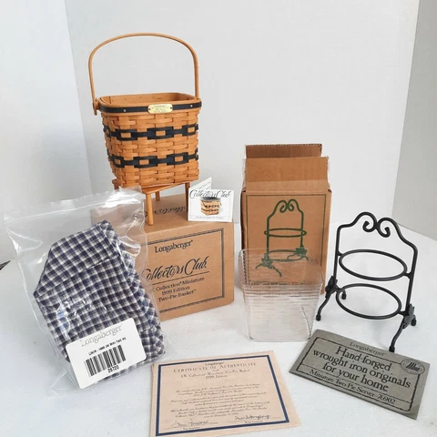 Longaberger Collectors Club JW Mini Two Pie Basket Set+Wrought Iron 2 Pie Stand Cover