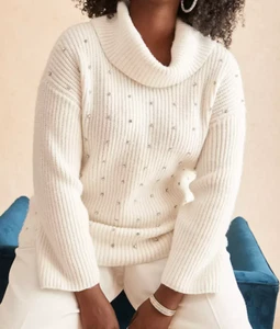 SUÉTER LANE BRYANT MALVAVISCO MARFIL CAPUCHA CUELLO PIEDRA DETALLE ESTRÁS TALLA 18/20 - Imagen 1 de 9
