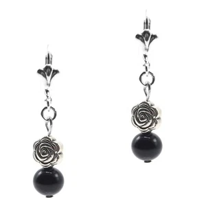 Fashion Dangle Earrings Black Onyx Antiqued Silver Flower Accent Leverbacks - Picture 1 of 4
