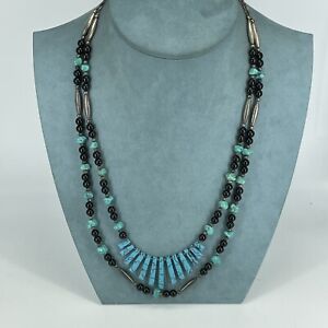 Turquoise Howlite Necklace Black Glass Multi Strand Beaded Fringe Long Silver Pt