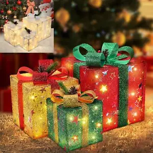 Set of 3 Christmas Lighted Gift Boxes Indoor Outdoor LED Present Box Decoration - Picture 1 of 26