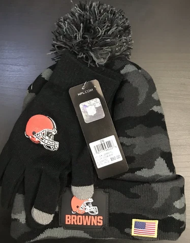 NEW NFL Cleveland Browns Salute To Service Black Camo Beanie & Gloves Set $50 Cover