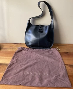 Eric Javits grande borsa a tracolla/hobo in pelle nera liscia chiusura a levetta VINTAGE - Foto 1 di 9