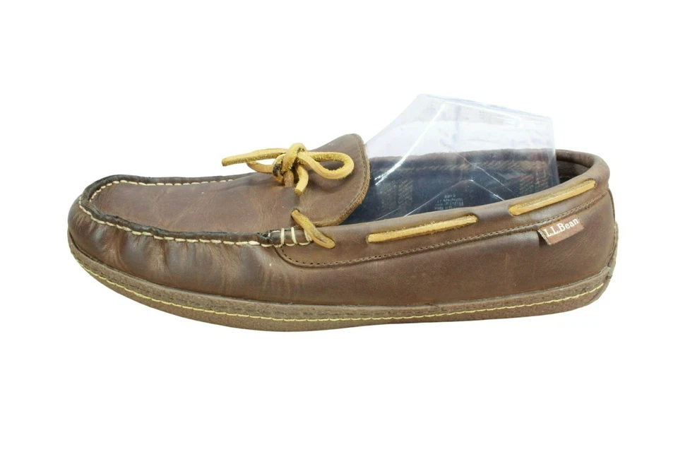 Zapatillas LL Bean para hombre de cuero marrón forradas de franela estilo clásico cosidas a mano 11 M Foto 1 de 4