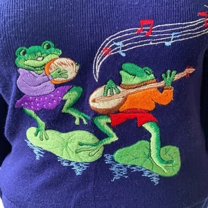 Vintage Frog Sweater Small Navy Blue Singing Mariachi Music 70’s Granny Core - Picture 1 of 9