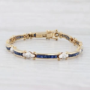 2.60ctw Blue Sapphire Diamond Bar Link Tennis Bracelet 18k Yellow Gold 6.75" - Picture 1 of 10