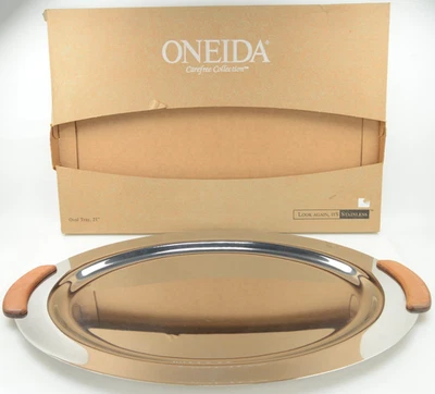 Oneida Stainless Steel Oval Tray 21" Wooden Handles Carefree Collection NIB - Image 1 of 3