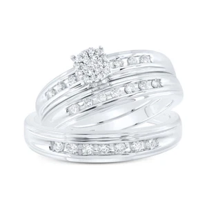 Sterling Silver His Hers Round Diamond Cluster Matching Wedding Set 3/8 Cttw - Picture 1 of 2