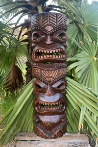 Hawaiian Tiki Totem Wooden Mask Carved Extra Wide Tropical Patio Decor 39" x 11" - Picture 1 of 5