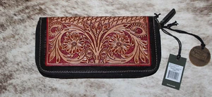 Bolso Myra #5410 Cartera de cuero mecanizado a mano de 8"x4" ~ Muchas ranuras para tarjetas ~ Pkt con cremallera interior ~ - Imagen 1 de 3