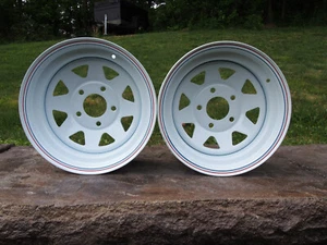 (2) NOS 15 x 7 Mangels 8-Spoke White Truck Wagon Steel Wheels 5 LUG 5x5. 7JJx15 - Picture 1 of 11
