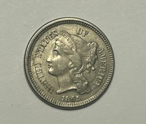 1865 THREE CENT NICKEL XF-AU - Picture 1 of 2